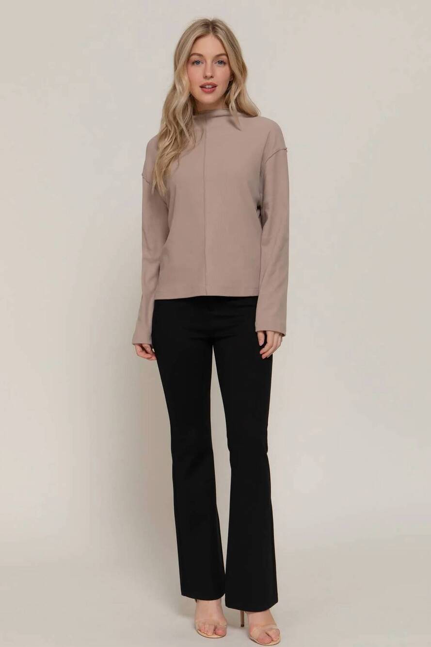 NEW ACTIVE BASIC frontier brushed rib mock neck western top in mushroom